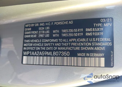 2021 Porsche Macan из США, поврежденный, VIN WP1AA2A59MLB07350